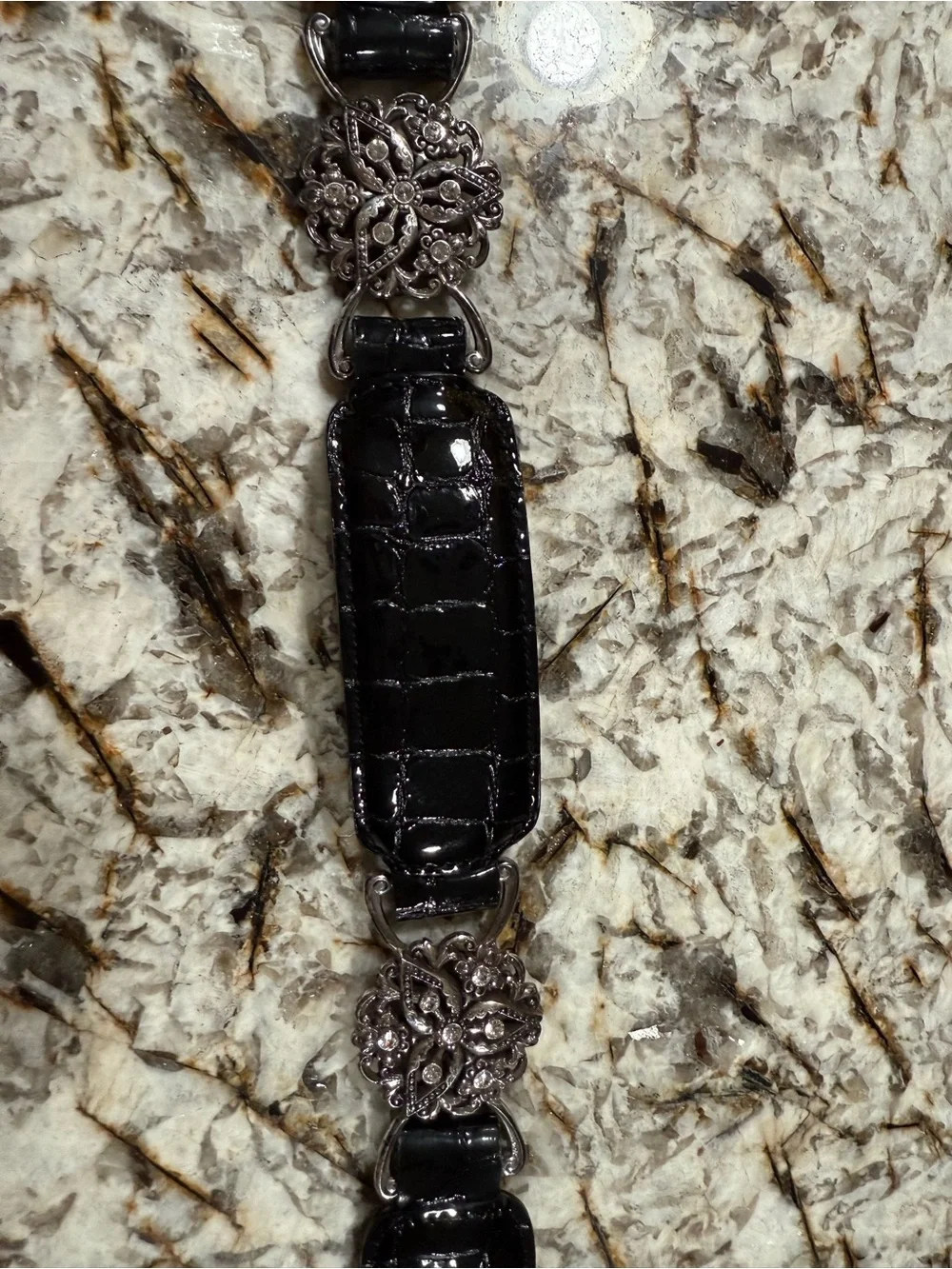 Brighton Black Croc-Embossed Women’s Belt with Ornate Silver Buckle